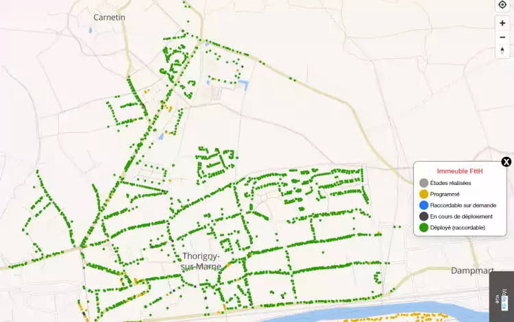 Carte du déploiement de la fibre optique à Thorigny-sur-Marne au 30 septembre 2019